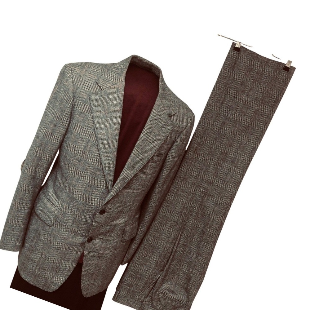 Vintage Syms Mens Glen Plaid Suit Gray Red Check Wool Blend 40L 42L Mens 34x33